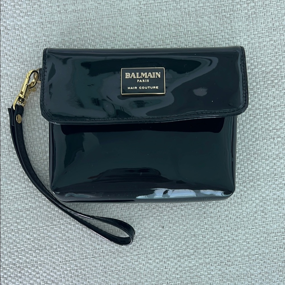 Balmain Glossy Black Wristlet with Gold Accents